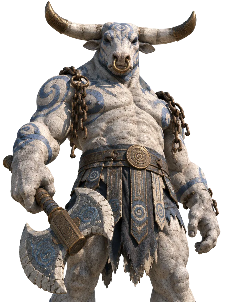 Asterion-born, raksasa berkepala banteng berkulit batu retak dengan cat spiral biru dan cincin perunggu di hidung, menunduk ke arah kamera.