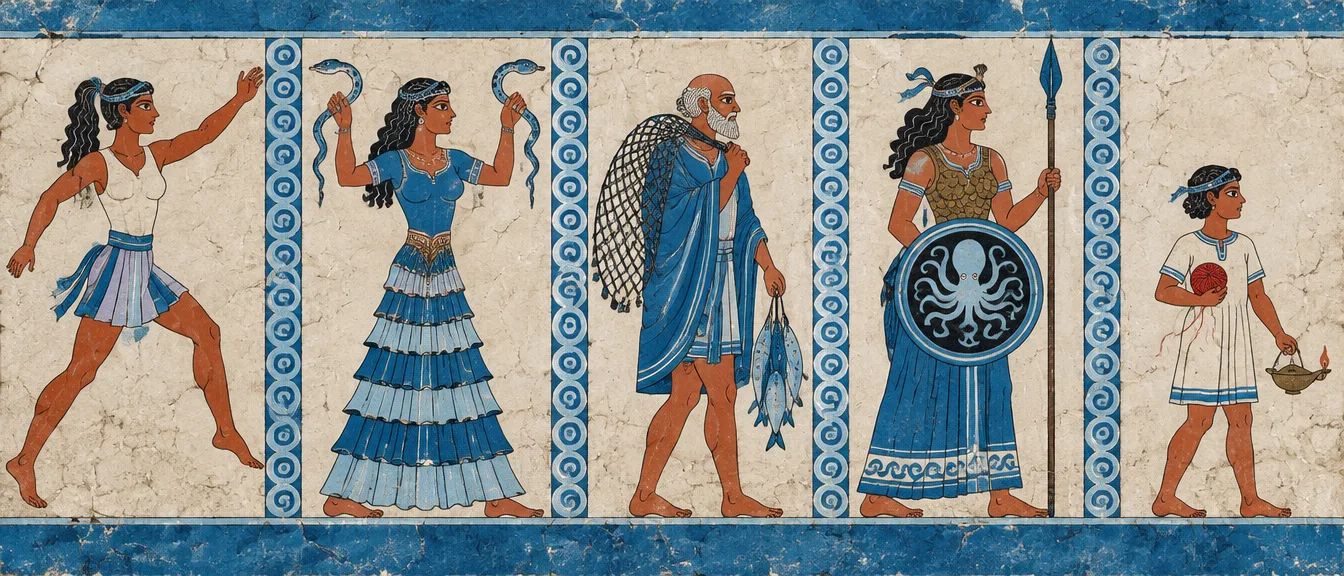 Dinding fresko Minoa dengan lima figur profil di panel berbingkai spiral biru: pelompat banteng, pendeta ular, nelayan tua, kapten perempuan berperisai gurita, dan anak kecil membawa benang merah.