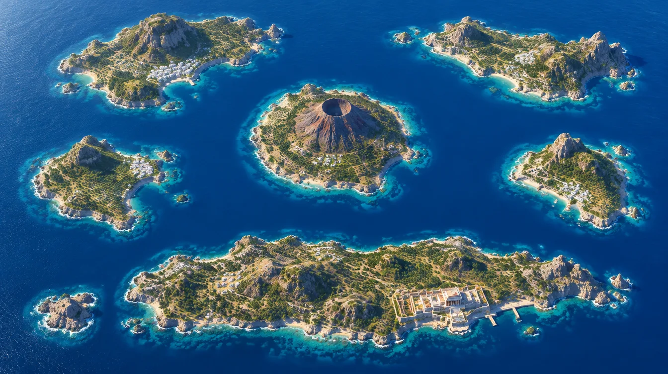 Peta Kepulauan Kallirhoe dari atas: tujuh pulau di laut biru, pulau gunung di tengah, pulau istana memanjang di selatan.