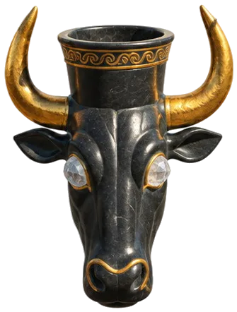 Rhyton kepala banteng dari batu hitam bertanduk emas.
